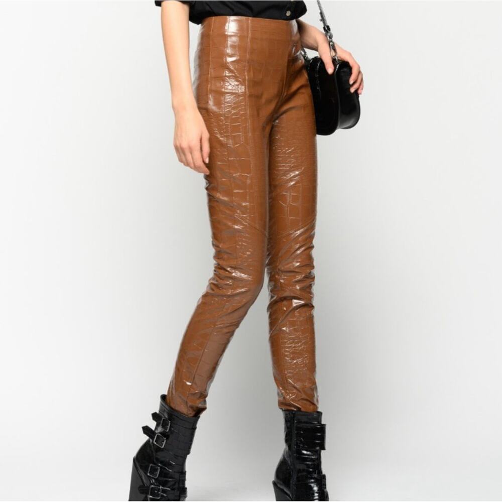 Pinko Embossed Crocodile Faux Leather Skinny Pants Size 1 Brown Trousers